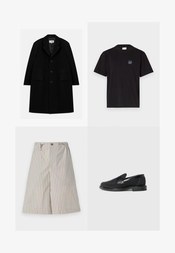 Juodas vilnonis paltas su įpjovimu, penkiais mygtukais, dviem priekinėm kišenėm ir lygiu paviršiumi, siekiantis iki vidurio šlaunies.; Juodas medvilninis marškinėliai su apvalia kaklo iškirpte ir trumpomis rankovėmis. Yra mažas mėlynas logotipas ant kairiojo krūtinės. Paprastas, tiesus kirpimas.; Smėlio spalvos juostuoti šortai, su laisvu įsilaisvinimu, pagaminti iš lengvos medžiagos. Yra sagų uždarymas ir dvi šoninės kišenės.; Juodas pintas slip-on tipo batelis su lygiu odiniu akcentu viršuje, apvalios nosies dizainas ir žemas guminis padas.