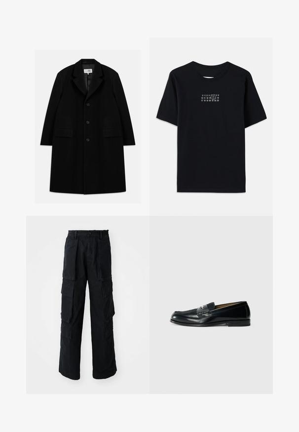 Zwarte wollen overjas met een gelapte kraag, vijf knopen, twee voorkiezen en een gladde textuur, die tot op midden-dij lengte reikt.; Zwarte katoenen t-shirt met korte mouwen en ronde nek. Heeft een witte numerieke print met een gestileerde '6' over de borst.; Zwarte wijde cargobroek met elastische tailleband, knoopsluiting, grote voor- en zijflapzakken, weergegeven op een witte achtergrond.; Zwarte leren instapper met een gestructureerde bovenkant, gevlochten accent en een gladde afwerking. Lage hak en minimalistisch ontwerp.