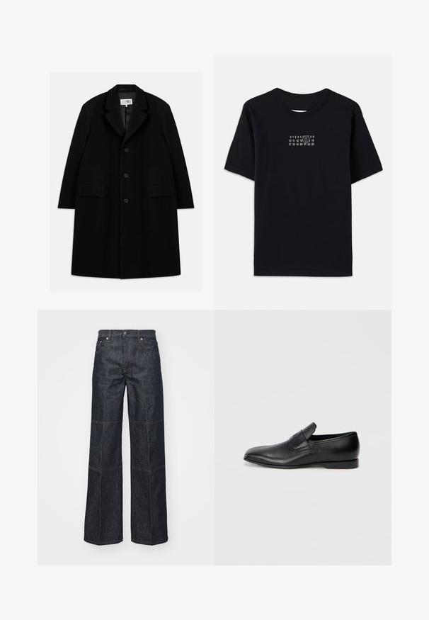 Must värviline villane ülerõivast, millel on nurgeline krae, viis nuppu, kaks esimist taskut ja sile tekstuur, ulatudes keskmise reie pikkuseni.; Must t-särk, millel on lühikesed varrukad ja ümar kaelus. Rinna peal on valge numbriline trükk stiliseeritud '6'-ga.; Helmut Lang CARPENTER - Avar lõikega teksad - raw indigo; Must musta libisemisega king, millel on terav varvas, sile tekstuur ja tagasihoidlik bränding küljel. Madal konts puhta ja minimalistliku disainiga.