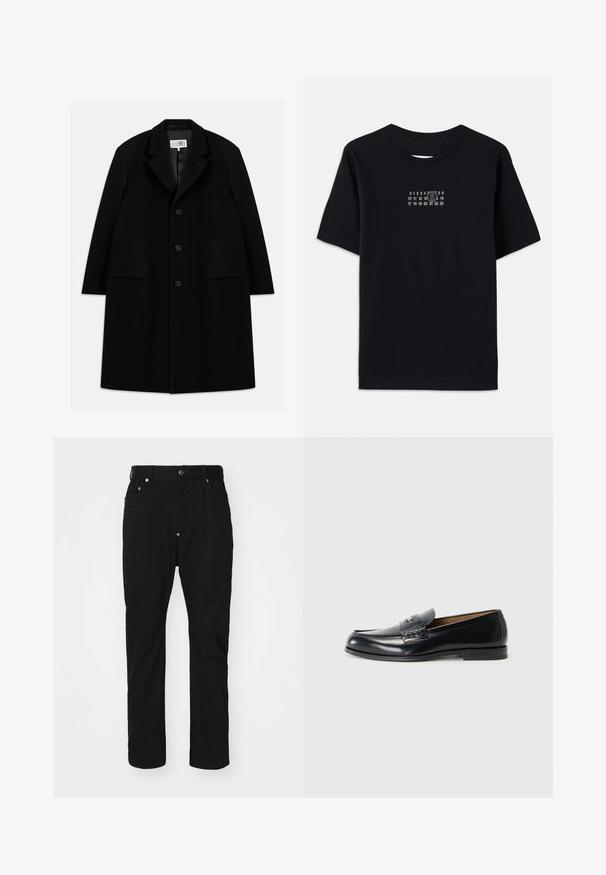Črn volnen plašč z izrezanim ovratnikom, petimi gumbi, dvema sprednjima žepoma in gladko teksturo, ki sega do dolžine sredine stegna.; Črna bombažna majica s kratkimi rokavi in okroglo ovratnikom. Ima bel numeričen tisk s stilizirano '6' čez prsi.; Črne bombažne hlače s ravnim krojem, z všitimi gumbi, zasnovo s petimi žepi in subtilno teksturo. Brez vidnih okraskov ali vzorcev.; Usnjeni loafers v črni barvi s gladko površino, okroglo konico, dekorativnim šivanjem in majhnim kovinskim dodatkom spredaj.