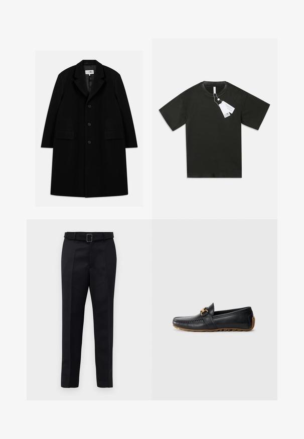 Schwarzer Wollmantel mit Reverskragen, fünf Knöpfen, zwei Fronttaschen und glatter Textur, der bis zur Mitte des Oberschenkels reicht.; Schwarzes, kurzärmliges Baumwoll-T-Shirt mit Rundhalsausschnitt und daran befestigten weißen Produktetiketten, die vom Kragen auf einem schlichten weißen Hintergrund hängen.; Schwarze maßgeschneiderte Hosen aus glattem Stoff, mit geradem Schnitt und einem Bund mit rechteckiger Schnalle. Auffällige Frontfalten betonen das Design.; Schwarze Lederloafer mit runder Zehenform, dekorativem goldenen Schnallenverschluss und Gummisohle. Verfügt über Stickdetails an der Oberseite und an der Seite.