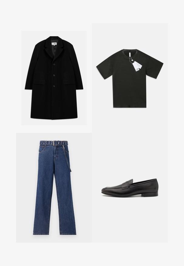 Palton negru din lână, cu guler în formă de v, cinci nasturi, două buzunare frontale și o textură fină, ajungând până la jumătatea coapsei.; Tricou scurt din bumbac, de culoare neagră, cu mâneci scurte și guler rotund, având etichete albe atasate care atârnă de guler, pe un fundal alb simplu.; Jeans din denim bleumarin închis cu un design drept, prezentând o centură cu model și cu ochiuri din metal, împreună cu un bucle de centură asortat.; Mocasini din piele neagră, cu un design elegant, vârf rotund și toc mic, împăturit. Prezintă un detaliu decorativ cusut pe partea superioară.