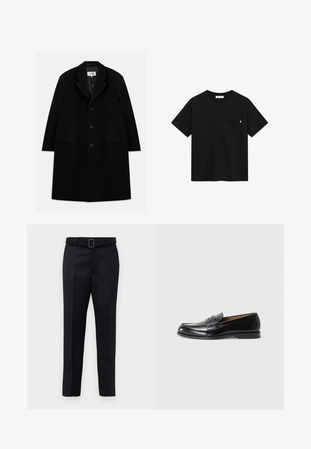 Schwarzer Wollmantel mit Reverskragen, fünf Knöpfen, zwei Fronttaschen und glatter Textur, der bis zur Mitte des Oberschenkels reicht.; Schwarz Baumwoll-T-Shirt mit kurzen Ärmeln, Rundhalsausschnitt und einer Brusttasche. Verfügt über ein kleines Markenetikett auf der Tasche.; Schwarze maßgeschneiderte Hosen aus glattem Stoff, mit geradem Schnitt und einem Bund mit rechteckiger Schnalle. Auffällige Frontfalten betonen das Design.; Schwarze Ledermokassins mit glatter Oberfläche, runder Zehenform, dekorativer Naht und einem kleinen Metallelement an der Vorderseite.