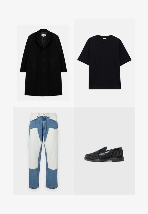 Juodas vilnonis paltas su įpjovimu, penkiais mygtukais, dviem priekinėm kišenėm ir lygiu paviršiumi, siekiantis iki vidurio šlaunies.; Juodas trumpas rankovėmis per didelis marškinėliai su apvaliu iškirpimu ir matoma Filippa K prekės ženklo etiketė vidinėje apykaklės pusėje.; Šviesiai mėlynos džinsinio audinio kelnės su baltomis kontrastingomis detalėmis ir kreminės spalvos siūlėmis. Tiesaus kirpimo, aukštu liemeniu.; Juodas pintas slip-on tipo batelis su lygiu odiniu akcentu viršuje, apvalios nosies dizainas ir žemas guminis padas.