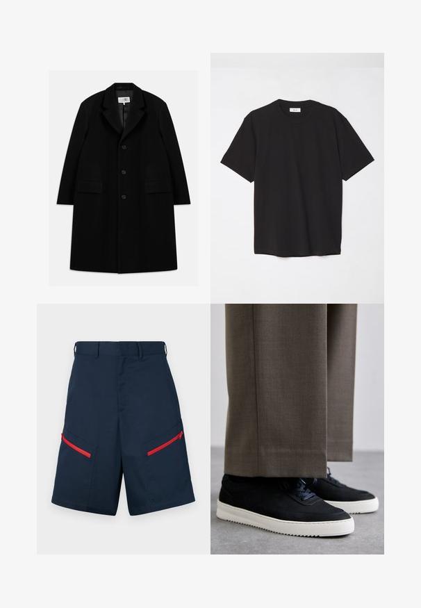 Fekete gyapjú kabát, hézagolt gallérral, öt gombbal, két elülső zsebbel és sima textúrával, mid-thigh hosszúságban.; Fekete pamut póló kerek nyakkal, rövid ujjakkal és laza szabással. Egyszerű dizájn, sima textúra, látható minták vagy logók nélkül.; Tengerészeti cargo bermuda nadrág, mely két cipzáras zsebbel és piros díszítéssel készült, lapos elülső résszel és varrott részletekkel.; Fekete velúr sportcipők fehér gumitalppal, kerek orrú, fűzős kialakítással, szürke, szabott nadrággal párosítva.