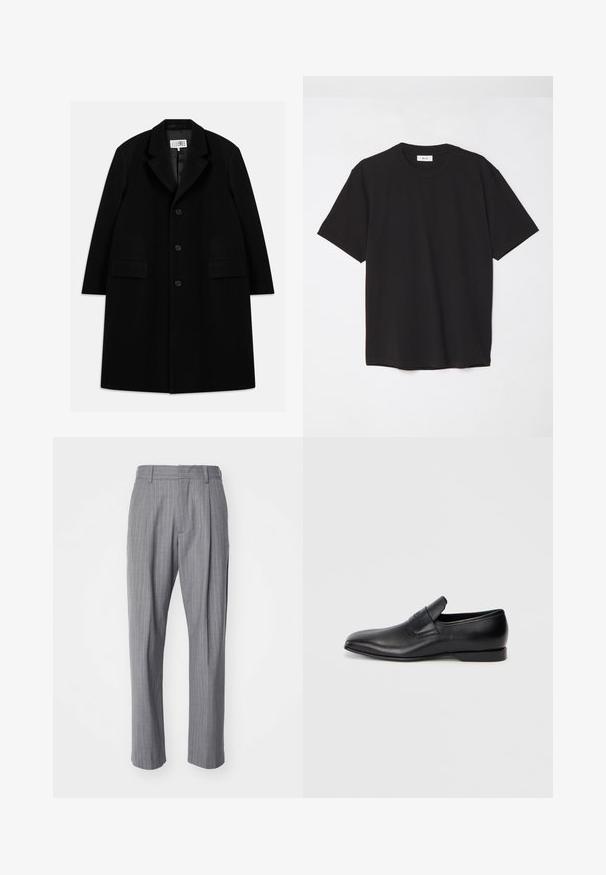 Black wool overcoat featuring a notched collar, five buttons, two front pockets, and a smooth texture, extending to mid-thigh length.; Black cotton t-shirt with a crew neck, short sleeves, and a relaxed fit. Simple design, smooth texture, and no visible patterns or logos.; NN.07 KAY - Trousers - grey; Black leather slip-on shoe with a pointed toe, smooth texture, and subtle branding on the side. Low heel with a clean, minimal design.