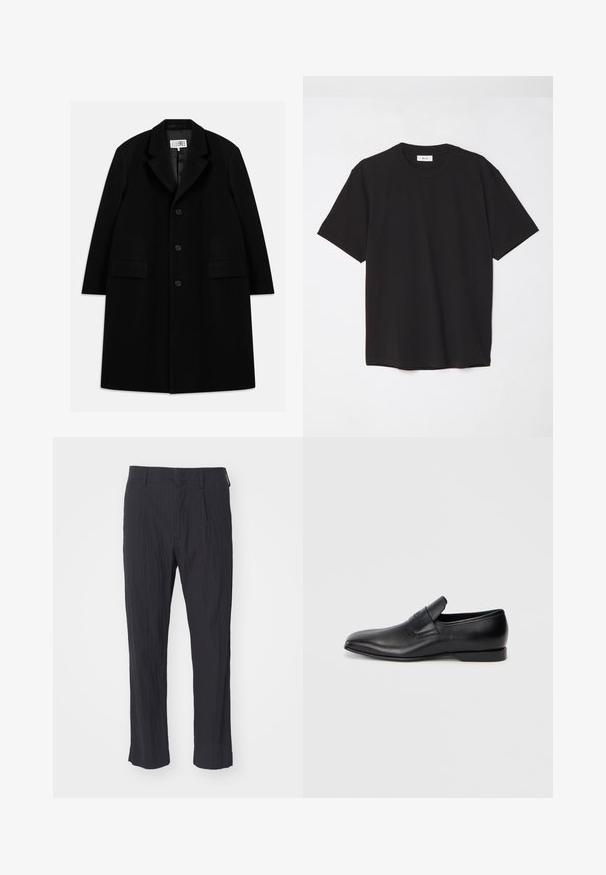Black wool overcoat featuring a notched collar, five buttons, two front pockets, and a smooth texture, extending to mid-thigh length.; Black cotton t-shirt with a crew neck, short sleeves, and a relaxed fit. Simple design, smooth texture, and no visible patterns or logos.; Black pleated trousers with a textured fabric, featuring a straight leg design and standard waistband. No visible pockets or hardware.; Black leather slip-on shoe with a pointed toe, smooth texture, and subtle branding on the side. Low heel with a clean, minimal design.