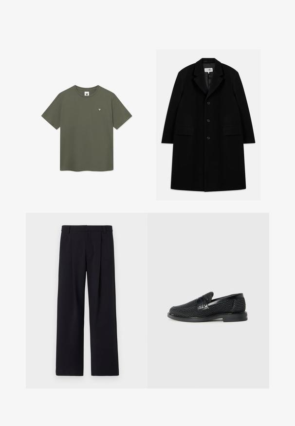 Cappotto in lana nera con colletto a risvolto, cinque bottoni, due tasche frontali e una texture liscia, che arriva a lunghezza fino a metà coscia.; Maglietta a maniche corte verde oliva uniforme con colletto rotondo e piccolo logo bianco "W" circolare sul lato sinistro del petto.; Pantaloni larghi in tessuto nero, caratterizzati da pieghe frontali, vita piatta e passanti per cintura. Texture liscia senza motivi o accenti visibili.; Scarpa nera a mocassino intrecciata con un accentuato in pelle liscia sulla parte superiore, design a punta rotonda e suola in gomma a profilo basso.