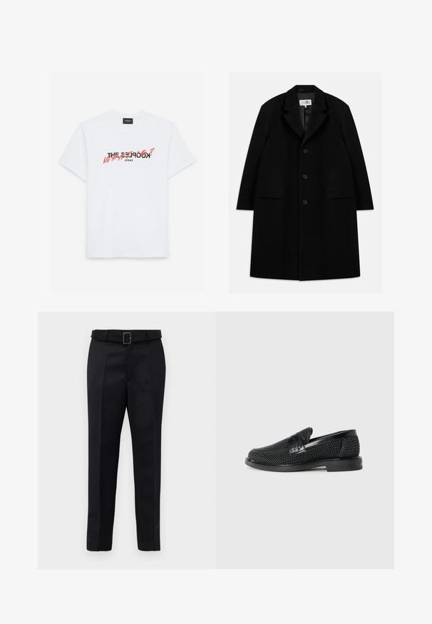 Fekete gyapjú kabát, hézagolt gallérral, öt gombbal, két elülső zsebbel és sima textúrával, mid-thigh hosszúságban.; Fehér, rövid ujjú pamut póló, fekete és korall grafikával díszítve. A szövegben ez áll: "A KOOPLES? MI?" és "PÁRIZS."; A fekete, szabott nadrág sima anyagból készült, egyenes szabású, és övvel rendelkezik, amelynek téglalap alakú csatja van. A figyelemre méltó elülső redők fokozzák a dizájnt.; Fekete szőtt slip-on cipő sima bőr díszítéssel a felsőrészen, kerek orral és alacsony profilos gumitalppal.