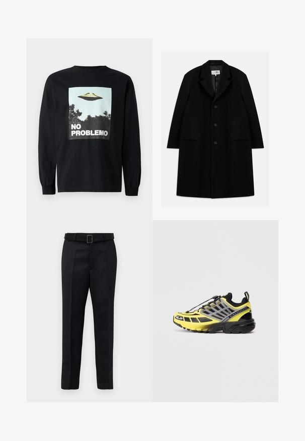 Palton negru din lână, cu guler în formă de v, cinci nasturi, două buzunare frontale și o textură fină, ajungând până la jumătatea coapsei.; Tricou negru cu mânecă lungă, prezentând un grafic cu un disc zburător deasupra copacilor și textul "NO PROBLEMO" în litere albe îndrăznețe.; Pantalonii negri ajustați sunt fabricați dintr-un material neted, au croi drept și o talie încrustată cu o cataramă rectangulară. Pliseele frontale notabile îmbunătățesc designul.; Pantof sportiv negru și galben cu partea superioară din plasă, talpă din cauciuc texturat și sistem de șiret elastic; prezintă logo și detalii pe lateral.