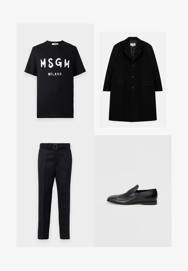 Must värviline villane ülerõivast, millel on nurgeline krae, viis nuppu, kaks esimist taskut ja sile tekstuur, ulatudes keskmise reie pikkuseni.; Must musta T-särk mustal taustal, millel on julge valge tekst "MSGM MILANO." Lühikesed varrukad ja ümar kaelus. Sile tekstuur ning vaba lõige.; Mustad mustad püksid on valmistatud siledast kangast, sirgelt lõigatud ja beldiga vöökoht, millel on ristkülikukujuline pandla. Märkimisväärsed esisellukid täiustavad disaini.; Must musta libisemisega king, millel on terav varvas, sile tekstuur ja tagasihoidlik bränding küljel. Madal konts puhta ja minimalistliku disainiga.