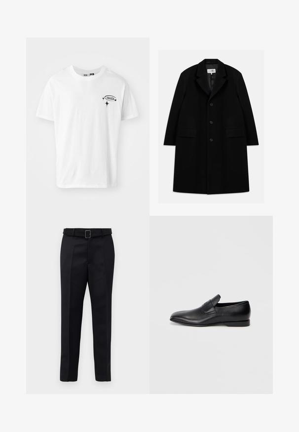 Mustasta villakangastakista, jossa on viisteellinen kaulus, viisi nappia, kaksi etutaskua ja sileä pinta, ulottuu reiden puoliväliin saakka.; Valkoinen puuvillainen t-paita lyhyillä hihoilla, pyöreällä kaula-aukolla ja mustalla painetulla logolla vasemmassa rinnassa. Suora pinta, rento muotoilu.; Mustat räätälöidyt housut on valmistettu sileästä kankaasta, niissä on suora leikkaus ja vyötäröllä solki, jossa on suorakulmainen muoto. Huomattavat etu taitteet parantavat muotoilua.; Musta nahkainen liukukengä, jossa on terävä kärki, sileä pinta ja huomaamaton brändäys sivussa. Matala korko ja siisti, minimalistinen muotoilu.