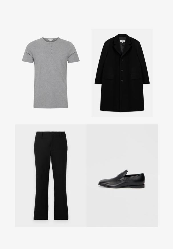 Fekete gyapjú kabát, hézagolt gallérral, öt gombbal, két elülső zsebbel és sima textúrával, mid-thigh hosszúságban.; Szürke, rövid ujjú póló, puha anyagból készült, kerek nyakkivágással és négy gombbal ellátott részlettel az elején.; Fekete, harang fazonú nadrág, pamut keverékből készült, gombos záródással, övhurkokkal és sima textúrával, látható minták nélkül.; Fekete bőr, slip-on stílusú cipő, hegyes orral, sima textúrával és diszkrét logóval az oldalon. Alacsony sarokkal és letisztult, minimalista dizájnnal.