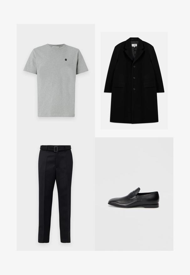 Palton negru din lână, cu guler în formă de v, cinci nasturi, două buzunare frontale și o textură fină, ajungând până la jumătatea coapsei.; Tricou din bumbac gri, cu guler rotund, mâneci scurte și un petic negru cu un semn plus pe zona stângă a pieptului.; Pantalonii negri ajustați sunt fabricați dintr-un material neted, au croi drept și o talie încrustată cu o cataramă rectangulară. Pliseele frontale notabile îmbunătățesc designul.; Pantofii negri din piele, slip-on, cu vârf ascuțit, textură netedă și branding subtil pe lateral. Toc jos cu un design curat și minimal.