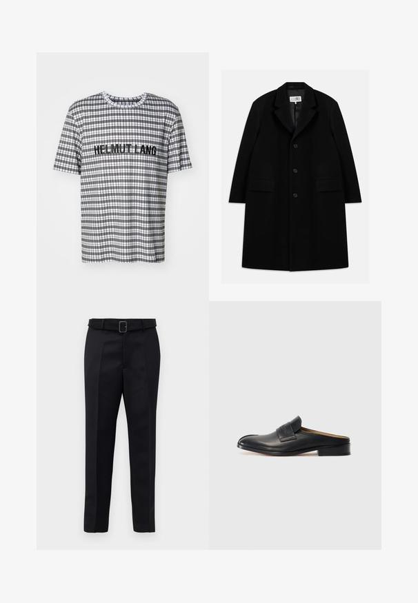 Melnas vilnas virsjakas, kurai ir iegriezts apkakle, pieci pogas, divas priekšējās kabatas un gluda tekstūra, kas sniedzas līdz vidusceļam.; Īsām piedurkņu krekls ar rūtiņām melnā, baltā un pelēkā krāsā, ar melnu izšuvumu "HELMUT LANG" krūtīs.; Melni piegriezti bikses ar gludu audumu, taisnu piegriezumu un jostu ar taisnleņķa sprādzi. Pamanāmie priekšējie iegriezumi uzlabo dizainu.; Melnas ādas slip-on kurpes ar noapaļotu purngalu, zemu blokveida papēdi un priekšējo siksniņu. Gluda tekstūra ar diskrētu logotipa detaļu uz siksniņas.