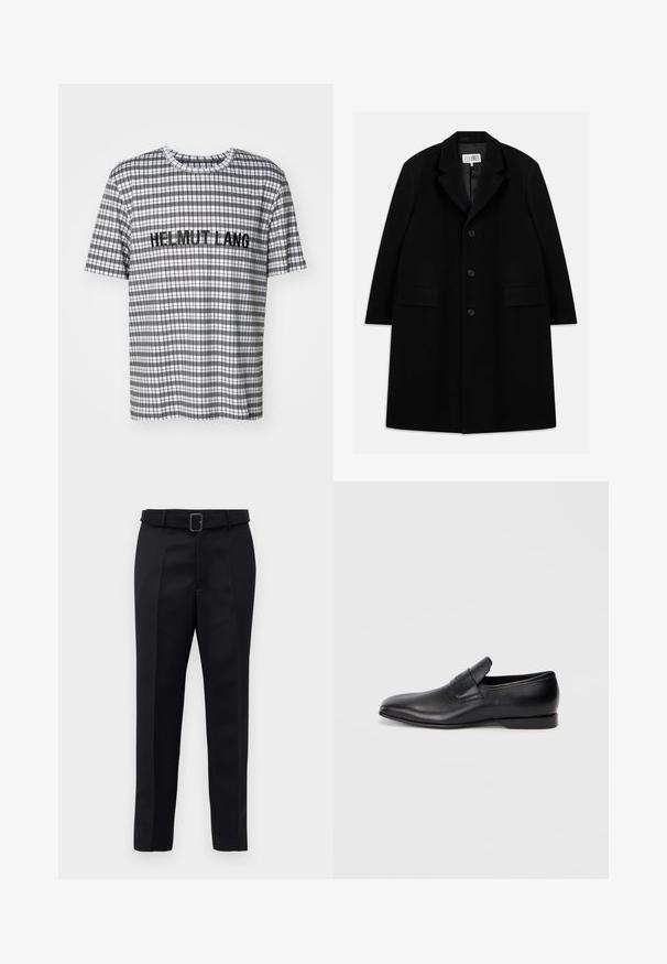 Juodas vilnonis paltas su įpjovimu, penkiais mygtukais, dviem priekinėm kišenėm ir lygiu paviršiumi, siekiantis iki vidurio šlaunies.; Juoda, balta ir pilka languota trumpomis rankovėmis marškinėliai, ant krūtinės juodu siuvinėtu užrašu "HELMUT LANG".; Juodos pritaikytos kelnės turi lygią medžiagą, tiesų kirpimą ir diržą su stačiakampiu sagtimi. Išskirtiniai priekiniai raukšliai pagerina dizainą.; Juodos odinės slip-on tipo bateliai su smailiu pirštu, lygia tekstūra ir subtiliu ženklinimu šone. Žemas kulnas su tvarkingu, minimalistiniu dizainu.