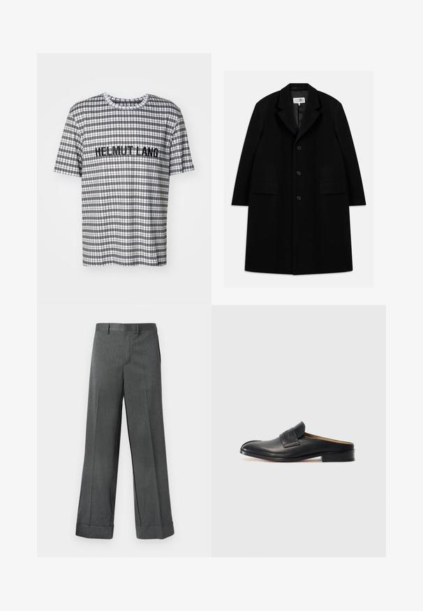 Černý vlněný kabát s klopovým límcem, pěti knoflíky, dvěma předními kapsami a hladkým povrchem, sahající až k délce mid-thigh.; Krátký rukáv kostkovaného trička v černé, bílé a šedé barvě, se zdobením "HELMUT LANG" vyšitým černě přes hrudník.; Šedé kalhoty s širokými nohavicemi z texturované tkaniny, s plochým předním dílem, poutky na pásek a ohrnutými nohavicemi. Krojovaný design bez viditelných kapes.; Černá kožená slip-on obuv s kulatou špičkou, nízkým blokovým podpatkem a předním páskem. Hladký povrch s jemným logem na pásku.