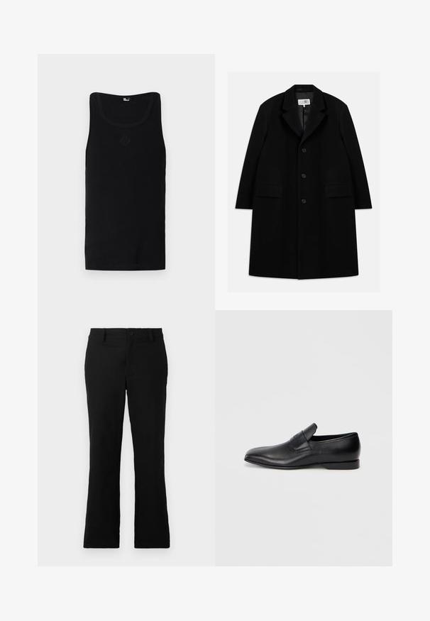 Melnas vilnas virsjakas, kurai ir iegriezts apkakle, pieci pogas, divas priekšējās kabatas un gluda tekstūra, kas sniedzas līdz vidusceļam.; Melns topiņš bez piedurknēm, izgatavots no kokvilnas ar ribotu tekstūru, aprīkots ar apaļu kakla izgriezumu un nelielu emblēmu, iegravētu priekšpusē.; Melni plati bikses, izgatavotas no kokvilnas sajaukuma auduma, ar pogu aizdari, jostas cilpām un gludu tekstūru, bez redzamām rakstām.; Melna ādas slēgta kurpe ar smailu purngalu, gludu virsmu un diskrētu zīmolu uz sāniem. Zems papēdis ar tīru, minimālistisku dizainu.