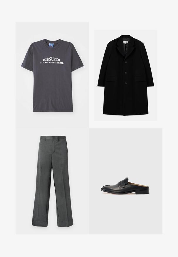 Sort uld overfrakke med notched krave, fem knapper, to forlommer og en glat tekstur, der strækker sig til midt-lår længde.; Sort bomulds T-shirt med teksten "KIDSUPER IT’S ALL UP IN THE AIR" i hvid, med rund hals og korte ærmer.; Grå, vidde ben bukser i et tekstureret stof, med flad front, bælteløkker og opsmøgede kanter. Skræddersyet design uden synlige lommer.; Sort læder slip-on sko med rund tå, lav blokhæl og en frontrem. Glat overflade med subtil logo detalje på remmen.