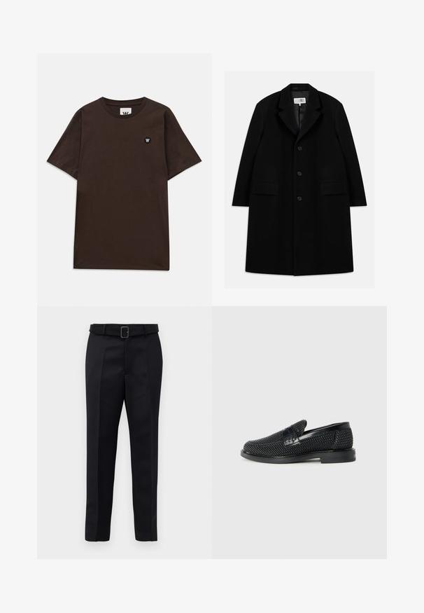 Must värviline villane ülerõivast, millel on nurgeline krae, viis nuppu, kaks esimist taskut ja sile tekstuur, ulatudes keskmise reie pikkuseni.; Tumepruun lühikeste varrukatega t-särk ümarate kraega, millel on väike must-valge logo õlal vasakul.; Mustad mustad püksid on valmistatud siledast kangast, sirgelt lõigatud ja beldiga vöökoht, millel on ristkülikukujuline pandla. Märkimisväärsed esisellukid täiustavad disaini.; Must musta kootud slip-on king, millel on pehme nahast accent ülaserval, ümmargune varvas ja madal profiiliga kummitald.