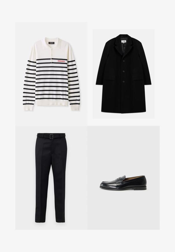 Crni vuneni kaput s nazubljenim ovratnikom, pet gumba, dva prednja džepa i glatkom teksturom, koji seže do sredine butina.; Bjela polo majica dugih rukava s crnim horizontalnim prugama, s tri dugmeta i crvenim "DSQUARED2" logom na lijevoj strani prsa. Mekani pleteni materijal.; Crne krojene hlače imaju glatku tkaninu, ravni kroj i struk s remenom koji ima pravokutnu kopču. Istaknute prednje nabore dodatno unapređuju dizajn.; Crne kožne mokasine s glatkom površinom, okruglim vrhom, dekorativnim šavovima i malim metalnim akcentom na prednjem dijelu.