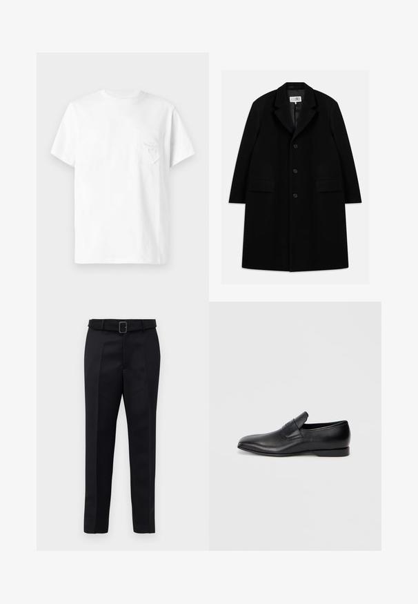 Čierny vlnený kabát s vystrihom, piatimi gombíkmi, dvoma prednými vreckami a hladkým povrchom, s dĺžkou po stred stehna.; Biele tričko s krátkym rukávom, okrúhlym výstrihom a malou prednou vreckom s jemne vyšitým textom a dizajnom.; Čierne nohavice na mieru majú hladkú tkaninu, rovný strih a opasok s obdĺžnikovou sponou. Výrazné predné skladky zvýrazňujú dizajn.; Čierne kožené poltopánky bez šnúrok s ostrou špičkou, hladkou textúrou a diskrétnym logom na boku. Nízky podpätok s čistým, minimalistickým dizajnom.