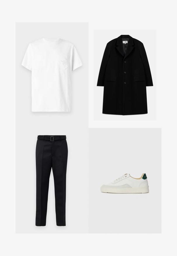 Fekete gyapjú kabát, hézagolt gallérral, öt gombbal, két elülső zsebbel és sima textúrával, mid-thigh hosszúságban.; Fehér, rövid ujjú póló kerek nyakkivágással és egy kis elülső zsebbel, amelyen diszkrét hímzett szöveg és mintázat található.; A fekete, szabott nadrág sima anyagból készült, egyenes szabású, és övvel rendelkezik, amelynek téglalap alakú csatja van. A figyelemre méltó elülső redők fokozzák a dizájnt.; Fehér sneaker suédé részletekkel, kerek orral, lapos fűzőkkel és krémszínű gumitalppal. Zöld logó található a sarkán.