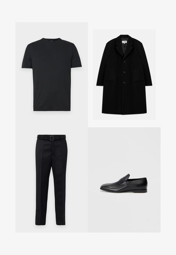 Sort uld overfrakke med notched krave, fem knapper, to forlommer og en glat tekstur, der strækker sig til midt-lår længde.; Sort kortærmet t-shirt lavet af et glat, blødt stof med rund halsudskæring og minimalistisk design. Ingen synlige logoer eller mønstre.; Sorte skræddersyede bukser har et glat stof, lige snit og en bæltestrop med en rektangulær spænde. Bemærkelsesværdige forreste folder fremhæver designet.; Sorte læder slip-on sko med spids tå, glat overflade og diskret branding på siden. Lav hæl med et rent, minimalistisk design.