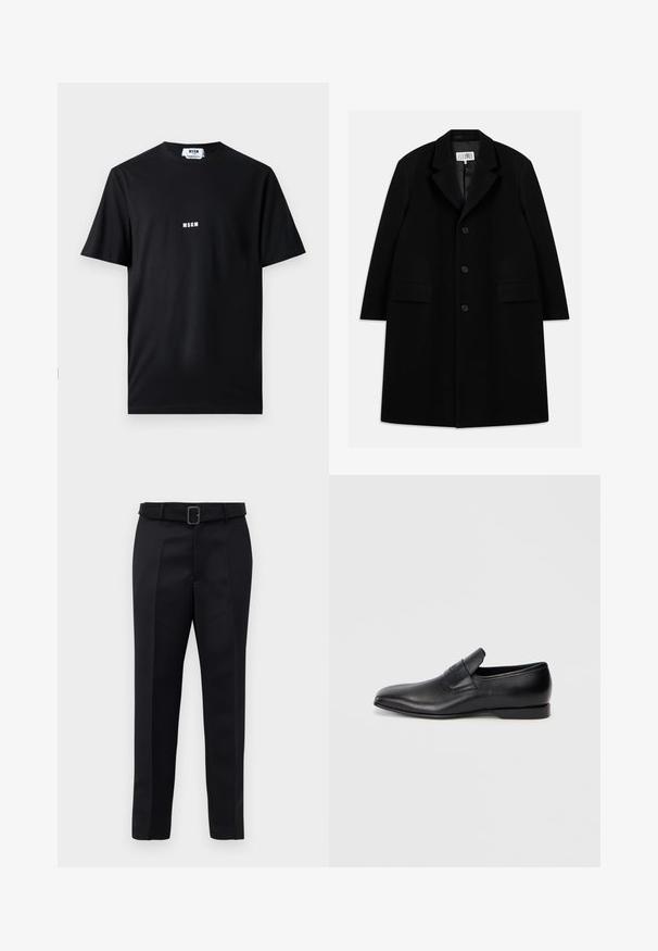 Černý vlněný kabát s klopovým límcem, pěti knoflíky, dvěma předními kapsami a hladkým povrchem, sahající až k délce mid-thigh.; Černé bavlněné tričko s kulatým výstřihem a krátkým rukávem. Na přední straně je uprostřed bílé logo "MSGM". Hladký materiál, standardní střih.; Černé oblekové kalhoty mají hladkou tkaninu, rovný střih a pas s opaskem a obdélníkovou sponou. Výrazné přední záhyby zvýrazňují design.; Černá kožená slip-on obuv s špičatou špičkou, hladkou texturou a jemným logem na boku. Nízký podpatek s čistým, minimalistickým designem.