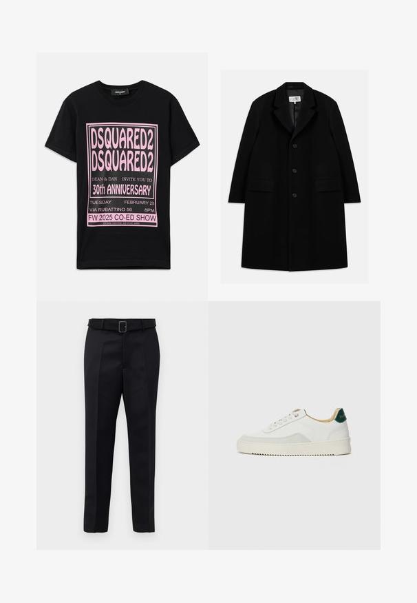 Crni vuneni kaput s nazubljenim ovratnikom, pet gumba, dva prednja džepa i glatkom teksturom, koji seže do sredine butina.; Crna pamučna majica s velikim ružičastim grafičkim tekstom. Dizajn uključuje detalje o događaju u različitim veličinama fonta i dodatne informacije na dnu.; Crne krojene hlače imaju glatku tkaninu, ravni kroj i struk s remenom koji ima pravokutnu kopču. Istaknute prednje nabore dodatno unapređuju dizajn.; Bijele tenisice s akcentima od antilopa, zaobljenim vrhom, ravnim vezicama i krem gumenim potplatom. Imaju zelenu oznaku na peti.