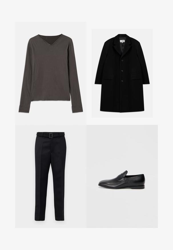 Palton negru din lână, cu guler în formă de v, cinci nasturi, două buzunare frontale și o textură fină, ajungând până la jumătatea coapsei.; Top cu mâneci lungi în gri închis, având un decolteu în V și o închidere cu patru nasturi. Material moale, cu o croială lejeră și manșete cusute.; Pantalonii negri ajustați sunt fabricați dintr-un material neted, au croi drept și o talie încrustată cu o cataramă rectangulară. Pliseele frontale notabile îmbunătățesc designul.; Pantofii negri din piele, slip-on, cu vârf ascuțit, textură netedă și branding subtil pe lateral. Toc jos cu un design curat și minimal.