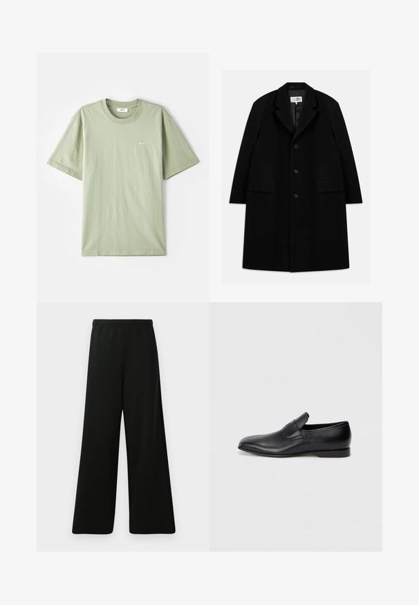 Čierny vlnený kabát s vystrihom, piatimi gombíkmi, dvoma prednými vreckami a hladkým povrchom, s dĺžkou po stred stehna.; Svetlozelené bavlnené tričko s krátkymi rukávmi, okrúhlym výstrihom a malým bielym logom na hrudi. Mäkká textúra, voľný strih a minimalistický dizajn.; Čierne široké nohavice vyrobené z jemného materiálu. Majú elastický pás, hladkú textúru a jednoduchý, moderný dizajn bez vzorov.; Čierne kožené poltopánky bez šnúrok s ostrou špičkou, hladkou textúrou a diskrétnym logom na boku. Nízky podpätok s čistým, minimalistickým dizajnom.