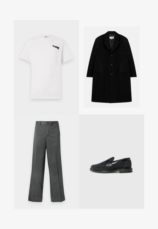 Fekete gyapjú kabát, hézagolt gallérral, öt gombbal, két elülső zsebbel és sima textúrával, mid-thigh hosszúságban.; Fehér pamut póló rövid ujjakkal, fekete "msgm!" grafikával a bal felső részen. Kerek nyakkivágás, puha tapintású.; Szürke, bő szárú nadrág texturált anyagból, lapos elülső résszel, övrúddal és felhajtott szárakkal. Testre szabott dizájn, látható zsebek nélkül.; Fekete szőtt slip-on cipő sima bőr díszítéssel a felsőrészen, kerek orral és alacsony profilos gumitalppal.