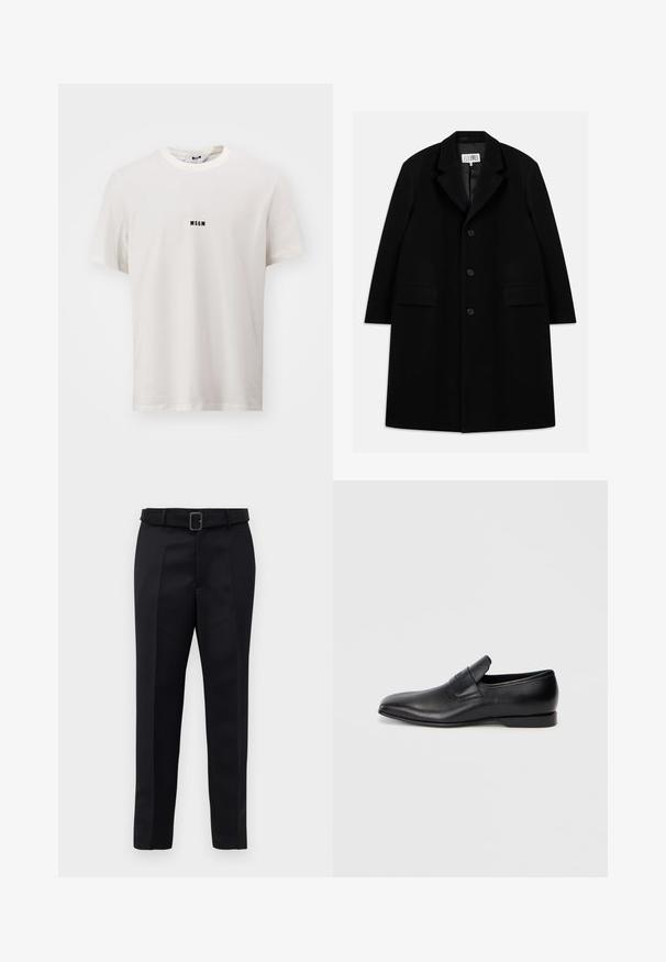 Palton negru din lână, cu guler în formă de v, cinci nasturi, două buzunare frontale și o textură fină, ajungând până la jumătatea coapsei.; Tricou alb din bumbac cu guler rotund. Prezintă un mic logo negru "MSGM" centrat pe piept. Mâneci scurte, croială lejeră.; Pantalonii negri ajustați sunt fabricați dintr-un material neted, au croi drept și o talie încrustată cu o cataramă rectangulară. Pliseele frontale notabile îmbunătățesc designul.; Pantofii negri din piele, slip-on, cu vârf ascuțit, textură netedă și branding subtil pe lateral. Toc jos cu un design curat și minimal.