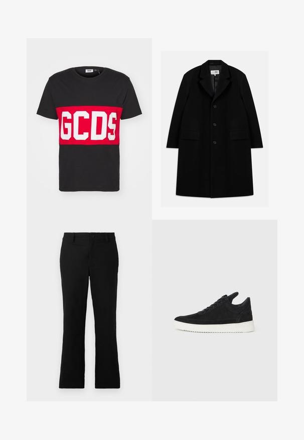 Juodas vilnonis paltas su įpjovimu, penkiais mygtukais, dviem priekinėm kišenėm ir lygiu paviršiumi, siekiantis iki vidurio šlaunies.; GCDS BAND LOGO REGULAR - Marškinėliai su spaudiniu - black; Juodos plačios kelnės, pagamintos iš medvilnės mišinio, su mygtukų uždarymu, diržo kilpomis ir lygia tekstūra be matomų raštų.; Juodų suede sportbačių su balta gumine padu, su toniniais siuvinėjimais ir raištelių užsegimu. Sklandus paviršius su šiuolaikine, laiko forma.