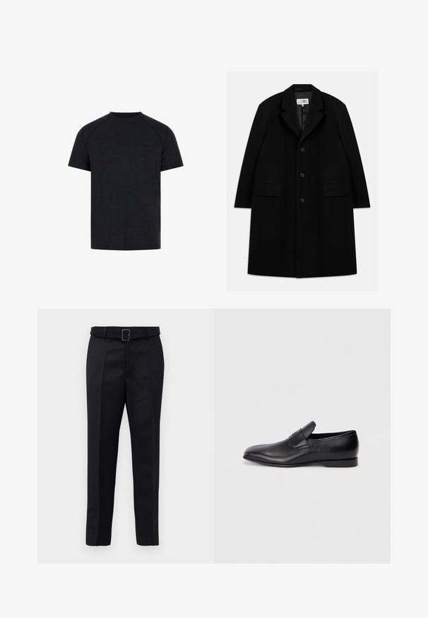 Fekete gyapjú kabát, hézagolt gallérral, öt gombbal, két elülső zsebbel és sima textúrával, mid-thigh hosszúságban.; Fekete, rövid ujjú, sima anyagból készült környakú póló. Részletei között szerepel a raglán ujjak és egy diszkrét, dombornyomott logó az elülső mellkasi részen.; A fekete, szabott nadrág sima anyagból készült, egyenes szabású, és övvel rendelkezik, amelynek téglalap alakú csatja van. A figyelemre méltó elülső redők fokozzák a dizájnt.; Fekete bőr, slip-on stílusú cipő, hegyes orral, sima textúrával és diszkrét logóval az oldalon. Alacsony sarokkal és letisztult, minimalista dizájnnal.