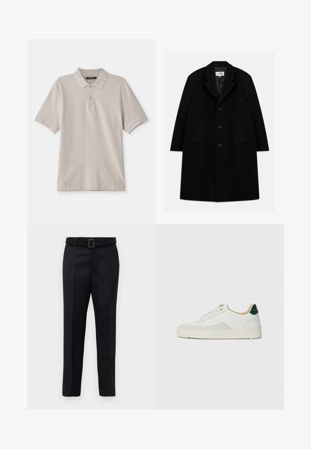 Mustasta villakangastakista, jossa on viisteellinen kaulus, viisi nappia, kaksi etutaskua ja sileä pinta, ulottuu reiden puoliväliin saakka.; Beige-paita, joka on valmistettu puuvillasta, klassisella kauluksella, lyhyillä hihoilla ja hienovaraisella brodeeratulla logolla vasemmassa rinnassa.; Mustat räätälöidyt housut on valmistettu sileästä kankaasta, niissä on suora leikkaus ja vyötäröllä solki, jossa on suorakulmainen muoto. Huomattavat etu taitteet parantavat muotoilua.; Valkoiset tennarit, joissa on nahkaosia, pyöreä kärki, tasaiset nauhat ja kermaisa kumi-pohja. Takana vihreä brändäys.