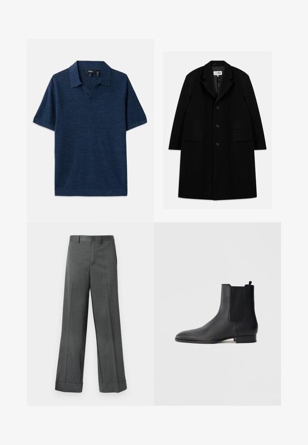 Must värviline villane ülerõivast, millel on nurgeline krae, viis nuppu, kaks esimist taskut ja sile tekstuur, ulatudes keskmise reie pikkuseni.; Tumesinine polo-särk lühikeste varrukatega, v-kaelusega, tekstuurse kangaga ja lame krae. Omab peent mustrit kogu ulatuses.; Halli, laiad püksid tekstureeritud kangast, millel on lame eesmine osa, vöökohal aasad ja mansetid. Ümberlõigatud disain, milleta nähtavaid taskuid.; Mustast nahast Chelsea saabastel on elastsed küljepaneelid ja madal kokkupandud konts, esitatud profiililt ühevärvisel heledal taustal.