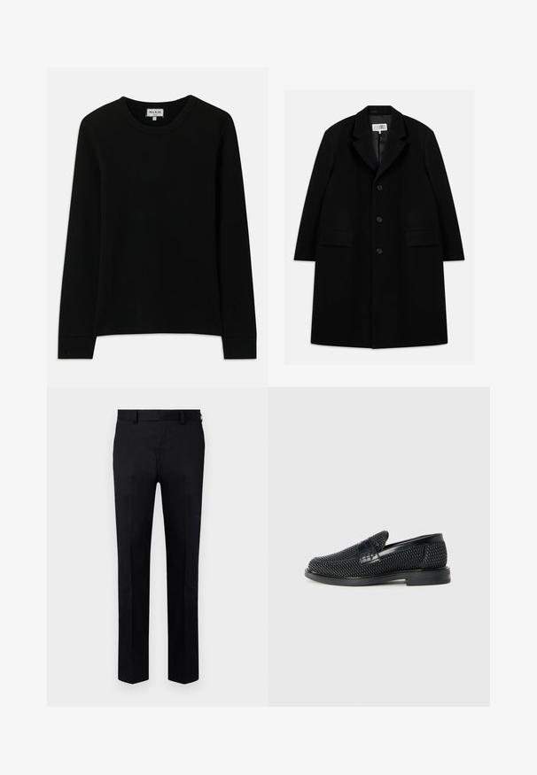 Sort uld overfrakke med notched krave, fem knapper, to forlommer og en glat tekstur, der strækker sig til midt-lår længde.; Sort langærmet ribbet striktrøje med rund hals, mærket Paul & Joe Paris, størrelse medium, vist på en hvid baggrund.; Sorte bukser lavet af glat stof, med et lige ben-design, frontfolder og bæltestropper i taljen. Ingen synlige mønstre eller detaljer.; Sort vævet slip-on sko med en glat læderdetalje på overdelen, en rund tådesign og en lavprofil gummisål.