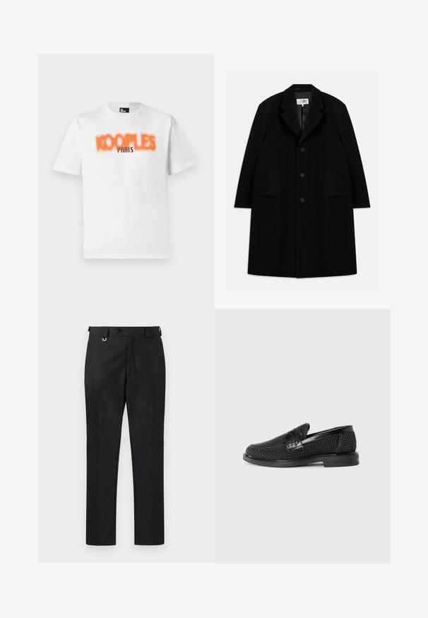 Black wool overcoat featuring a notched collar, five buttons, two front pockets, and a smooth texture, extending to mid-thigh length.; White cotton t-shirt featuring blurred orange text "KOOPLES" and clear black text "PARIS" on the front. Short sleeves, crew neck design.; Black tailored trousers with a straight-fit cut, featuring a button closure and belt loops. Smooth texture with minimal detailing.; Black woven slip-on shoe with a smooth leather accent on the upper, a round toe design, and a low-profile rubber sole.