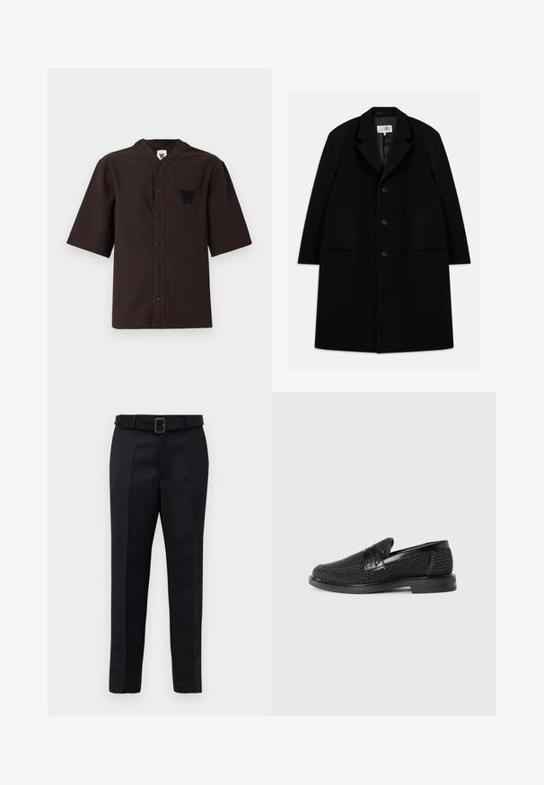 Juodas vilnonis paltas su įpjovimu, penkiais mygtukais, dviem priekinėm kišenėm ir lygiu paviršiumi, siekiantis iki vidurio šlaunies.; Tamsiai rudas trumpas rankovės marškinėliai su mandarinų apykakle, mygtukų uždarymu ir siuvinėtu logotipu kairiajame krūtinės kišenėje. Medvilninė medžiaga, tekstūruota.; Juodos pritaikytos kelnės turi lygią medžiagą, tiesų kirpimą ir diržą su stačiakampiu sagtimi. Išskirtiniai priekiniai raukšliai pagerina dizainą.; Juodas pintas slip-on tipo batelis su lygiu odiniu akcentu viršuje, apvalios nosies dizainas ir žemas guminis padas.