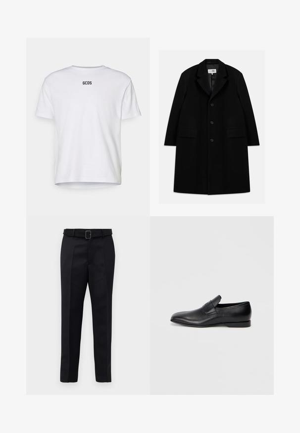 Black wool overcoat featuring a notched collar, five buttons, two front pockets, and a smooth texture, extending to mid-thigh length.; White cotton t-shirt with short sleeves, featuring a round neckline and "GCDS" logo printed in black on the back. Simple, unadorned design.; Black tailored trousers feature a smooth fabric, straight cut, and a belted waist with a rectangular buckle. Notable front creases enhance the design.; Black leather slip-on shoe with a pointed toe, smooth texture, and subtle branding on the side. Low heel with a clean, minimal design.