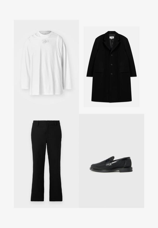 Manteau en laine noire avec col en pointe, cinq boutons, deux poches avant et une texture lisse, s'étendant jusqu'à mi-cuisse.; Feng Chen Wang DECONSTRUCTION UNISEX - T-shirt à manches longues - white; Pantalons évasés noirs en tissu mélangé coton, dotés d'une fermeture à bouton, de passants de ceinture et d'une texture lisse sans motifs visibles.; Chaussure slip-on tissée noire avec un accent en cuir lisse sur le dessus, un design à bout rond et une semelle en caoutchouc à profil bas.