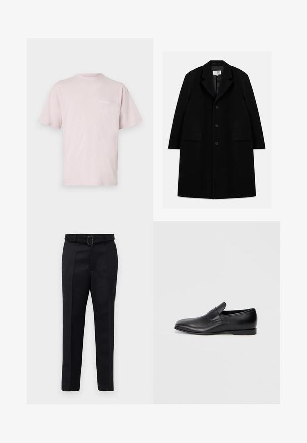 Čierny vlnený kabát s vystrihom, piatimi gombíkmi, dvoma prednými vreckami a hladkým povrchom, s dĺžkou po stred stehna.; Svetloružové bavlnené tričko s krátkymi rukávmi, s okrúhlym výstrihom a bielym potlačeným textom "NoProblemo" na prednej strane.; Čierne nohavice na mieru majú hladkú tkaninu, rovný strih a opasok s obdĺžnikovou sponou. Výrazné predné skladky zvýrazňujú dizajn.; Čierne kožené poltopánky bez šnúrok s ostrou špičkou, hladkou textúrou a diskrétnym logom na boku. Nízky podpätok s čistým, minimalistickým dizajnom.