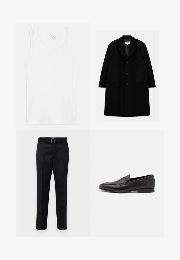 Zwarte wollen overjas met een gelapte kraag, vijf knopen, twee voorkiezen en een gladde textuur, die tot op midden-dij lengte reikt.; Witte katoenen tanktop met een ronde halslijn en mouwloos ontwerp. Glad textuur en rechte snit, zonder patronen of versieringen.; Zwarte op maat gemaakte broek van gladde stof met een rechte snit en een ceintuur met een rechthoekige gesp. Opvallende voorvouwen accentueren het ontwerp.; Zwarte leren herenloafers met een lage hak en een klassiek pennystrap-ontwerp, getoond in zijaanzicht op een witte achtergrond.