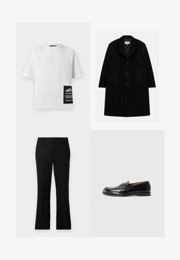 Mustasta villakangastakista, jossa on viisteellinen kaulus, viisi nappia, kaksi etutaskua ja sileä pinta, ulottuu reiden puoliväliin saakka.; Valkoinen puuvillapaita pyöreällä kauluksella, lyhyillä hihoilla ja mustalla tarralla, jossa on logo ja teksti oikeassa alareunassa.; Mustat levenevät housut, jotka on valmistettu puuvillasekoitekankaasta. Housuissa on nappikiinnitys, vyölenkit ja sileä rakenne ilman näkyviä kuvioita.; Nahka loaferit mustana, jossa on sileä pinta, pyöreä kärki, koristeelliset tikkaus ja pieni metallikoriste edessä.