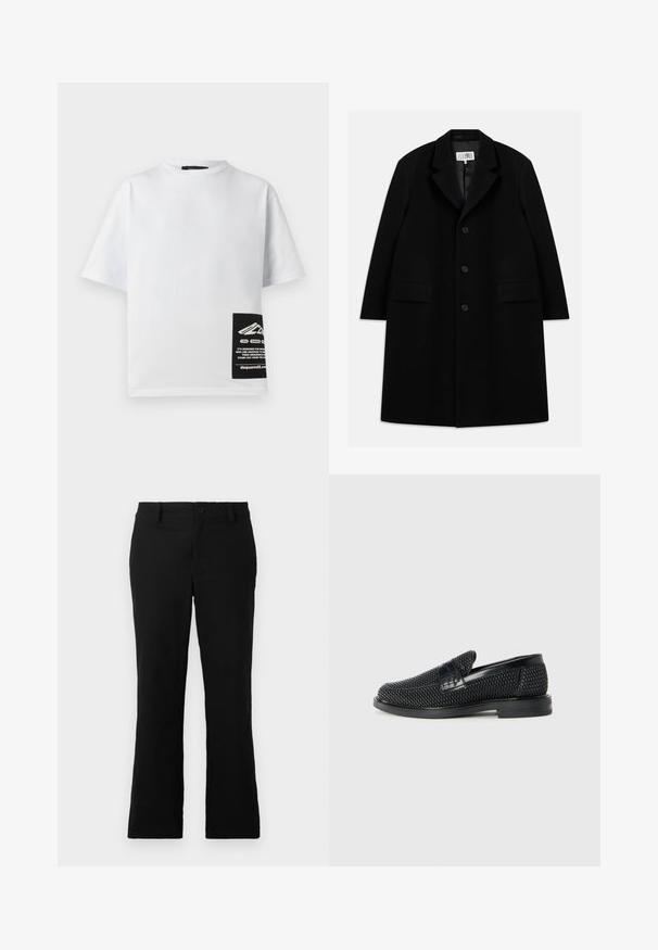 Čierny vlnený kabát s vystrihom, piatimi gombíkmi, dvoma prednými vreckami a hladkým povrchom, s dĺžkou po stred stehna.; Biely bavlnený tričko s okrúhlym výstrihom, krátkymi rukávmi a čiernou nálepkou s logom a textom v dolnom pravom rohu.; Čierne rozšírené nohavice z bavlnenej zmesi, s gombíkovým zapínaním, pútkami na opasok a hladkým povrchom bez viditeľných vzorov.; Čierne tkané slip-on topánky s hladkým koženým akcentom na vrchnej časti, s okrúlym dizajnom špičky a nízkoprofilovou gumovou podrážkou.