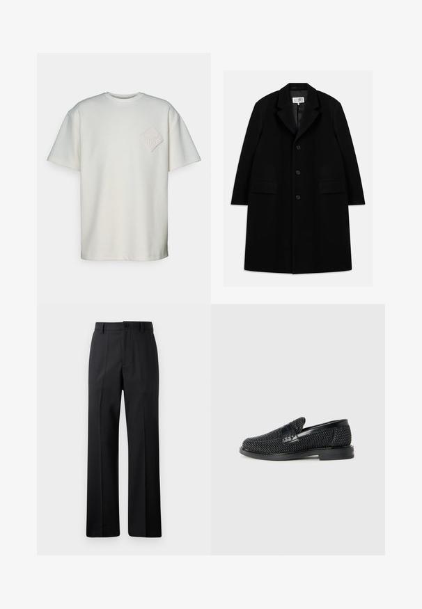 Černý vlněný kabát s klopovým límcem, pěti knoflíky, dvěma předními kapsami a hladkým povrchem, sahající až k délce mid-thigh.; Krátký rukáv tričko v off-white bavlně, s texturovaným diamantovým nášivkem s embosovaným vzorem na levé hrudi.; Černé kalhoty rovného střihu s poutky na opasek, předním knoflíkem a zipovým zapínáním, vystavené na čistém bílém pozadí.; Černé pletené nazouvací boty s hladkým koženým akcentem na svršku, kulatou špičkou a nízkoprofilovou gumovou podrážkou.