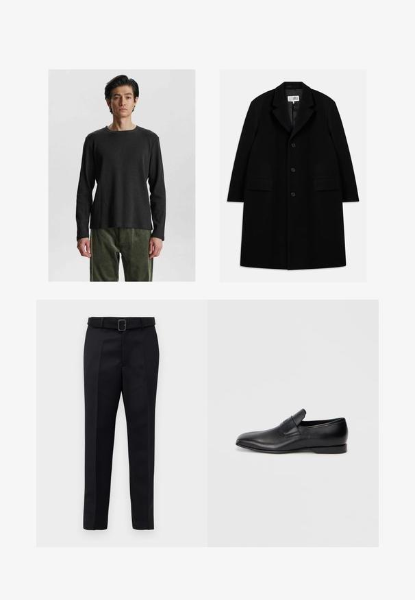 Juodas vilnonis paltas su įpjovimu, penkiais mygtukais, dviem priekinėm kišenėm ir lygiu paviršiumi, siekiantis iki vidurio šlaunies.; Juodas ilgomis rankovėmis, su banguotu audiniu ir apvalia iškirpte. Išsiskiria tekstūruotu audiniu ir laisvu siluetu, derinamas su alyvuogių žalumos spalvos, minkšto audinio kelnėmis.; Juodos pritaikytos kelnės turi lygią medžiagą, tiesų kirpimą ir diržą su stačiakampiu sagtimi. Išskirtiniai priekiniai raukšliai pagerina dizainą.; Juodos odinės slip-on tipo bateliai su smailiu pirštu, lygia tekstūra ir subtiliu ženklinimu šone. Žemas kulnas su tvarkingu, minimalistiniu dizainu.