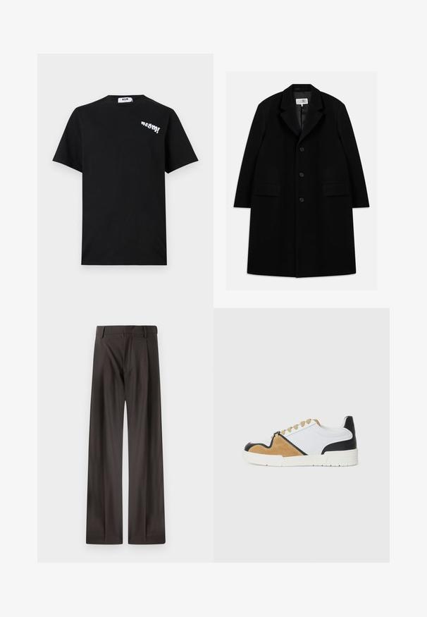 Čierny vlnený kabát s vystrihom, piatimi gombíkmi, dvoma prednými vreckami a hladkým povrchom, s dĺžkou po stred stehna.; Čierne bavlnené tričko s krátkymi rukávmi, ktoré na ľavej strane hrude obsahuje biele hravé nápisy "msgm!" a má okrúhly výstrih.; Široké nohavice z tmavohnedej látky. Majú hladkú štruktúru, pevný pás a jemné predné skladania.; Tenisky z bieleho textilu s detaily z hnedého semišu a čiernej kože, s okrúhlou špičkou, plochým šnurovaním a textúrovanou podrážkou.